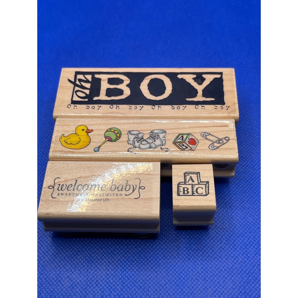 Stampin Up Oh Boy Welcome Baby Wood Mounted Rubber Stamps Set of 4 Crafting